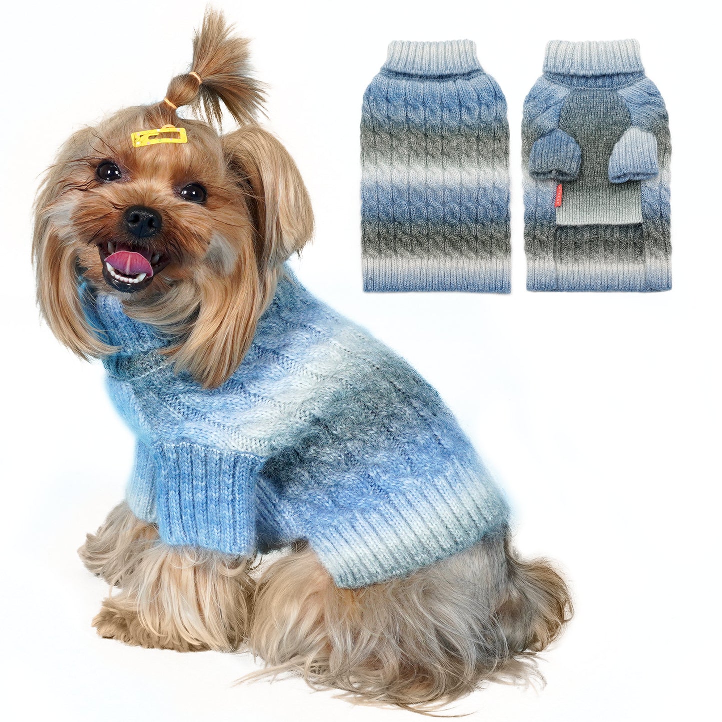 Blue gradient fuzzy cable-knit dog sweater with long sleeves and turtleneck