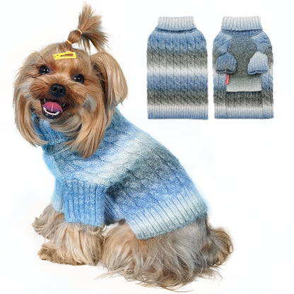 Blue gradient fuzzy cable-knit dog sweater with long sleeves and turtleneck