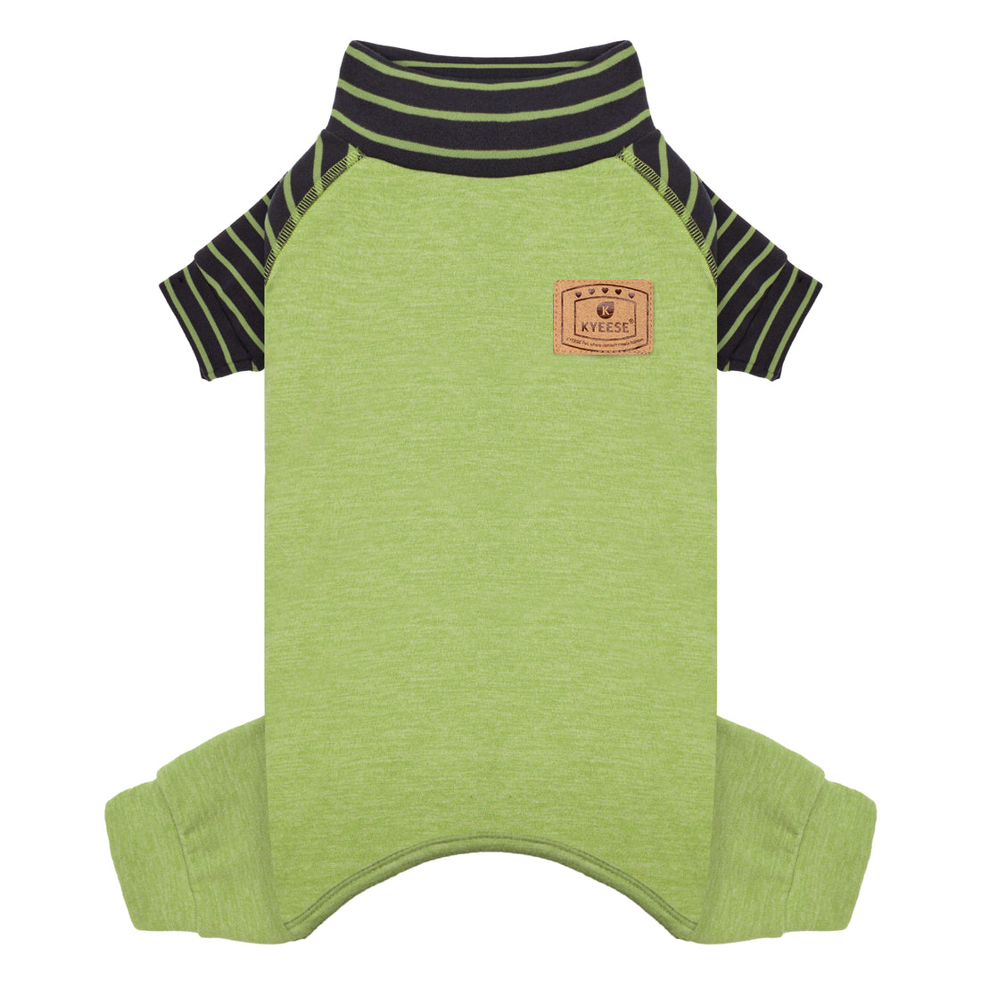 Green dog pajamas with dark green striped turtleneck and small chest patch