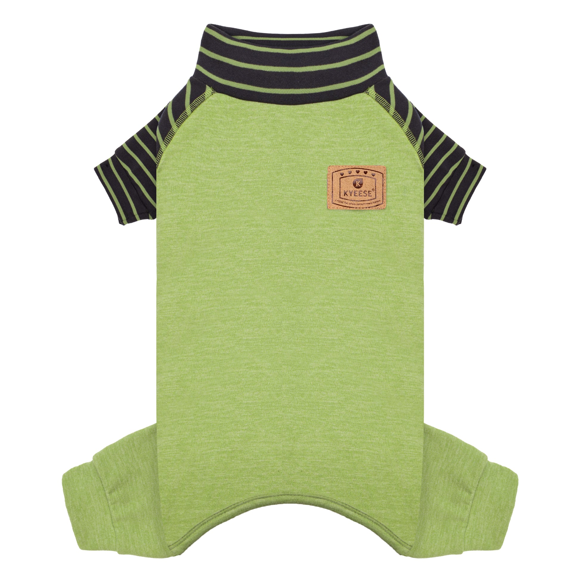 Green dog pajamas with dark green striped turtleneck and small chest patch