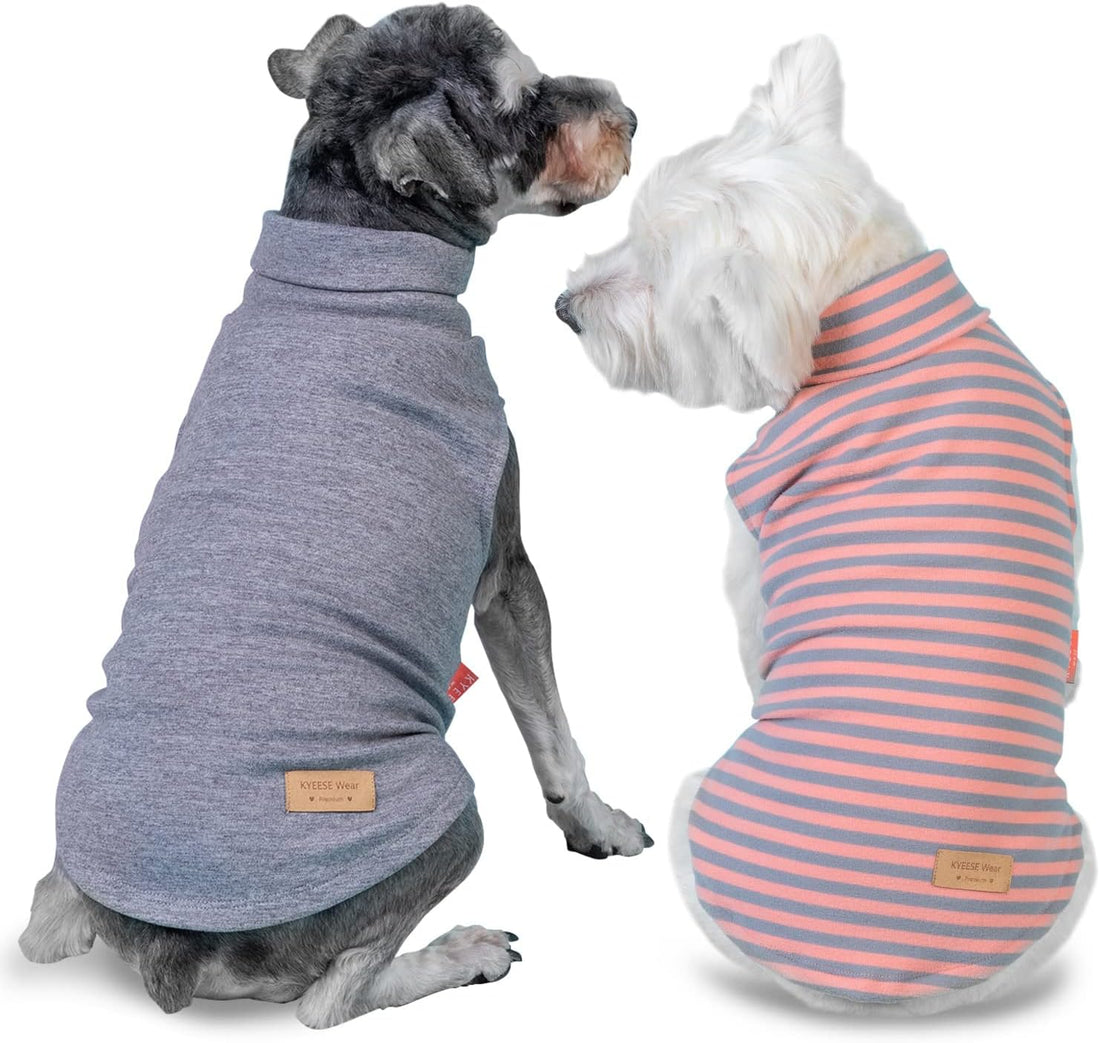 Gray sleeveless dog turtleneck sweater, paired with coral striped sleeveless turtleneck