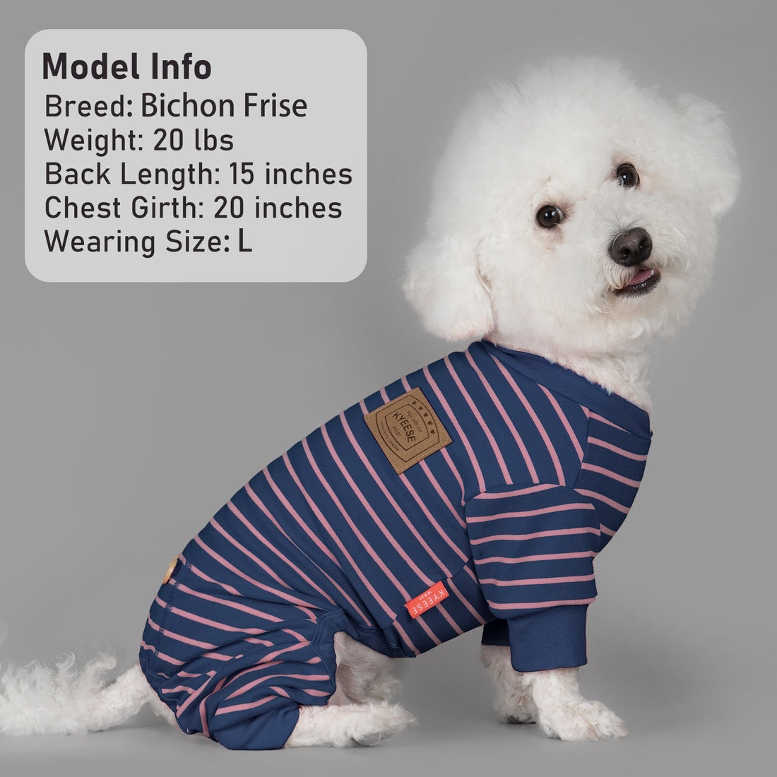 Navy striped dog onesie pajamas with pink lines, round neck, and elastic leg openings