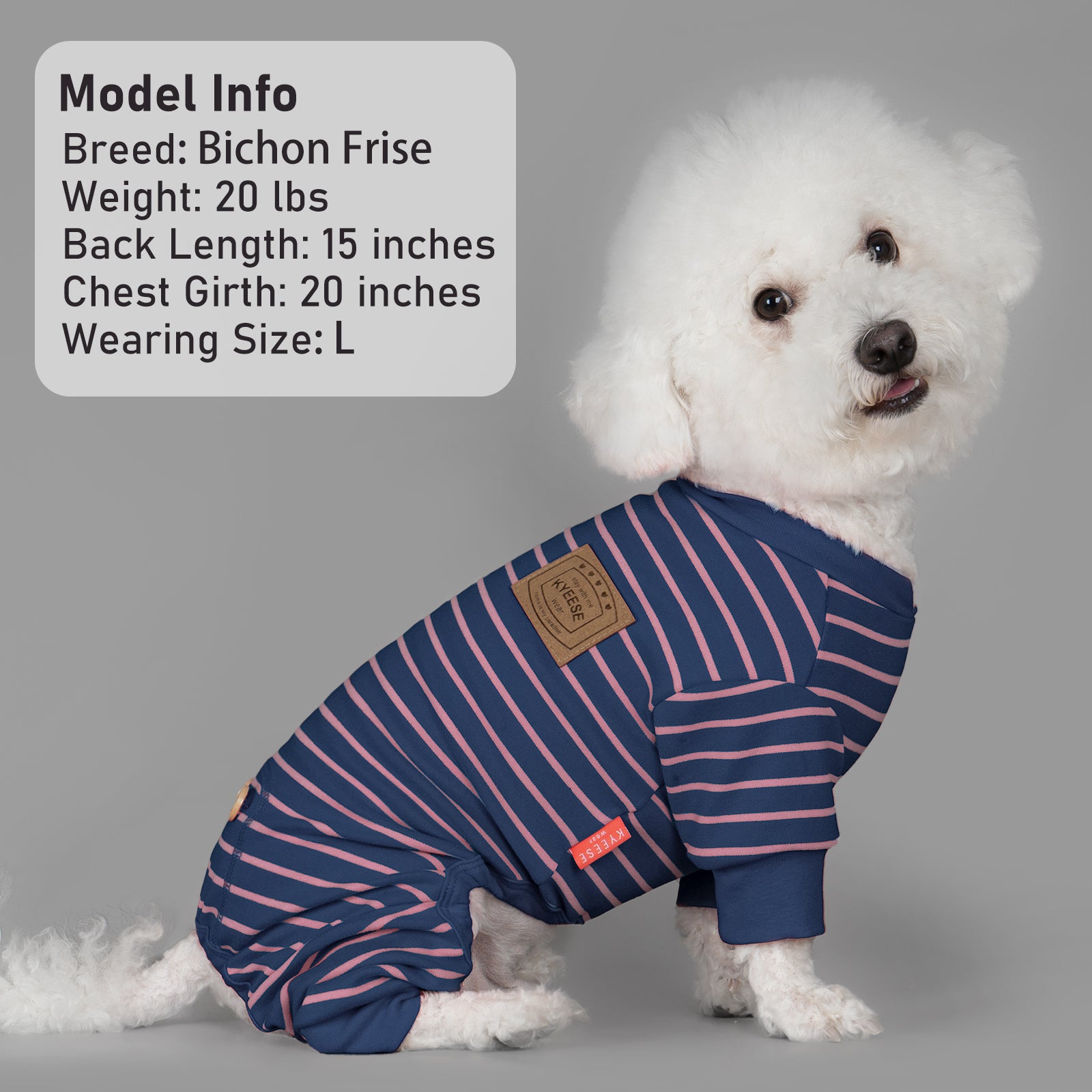 Navy striped dog onesie pajamas with pink lines, round neck, and elastic leg openings