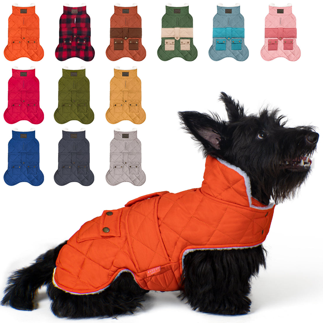Quilted windproof dog coat with hood and pockets, orange, worn on a small dog