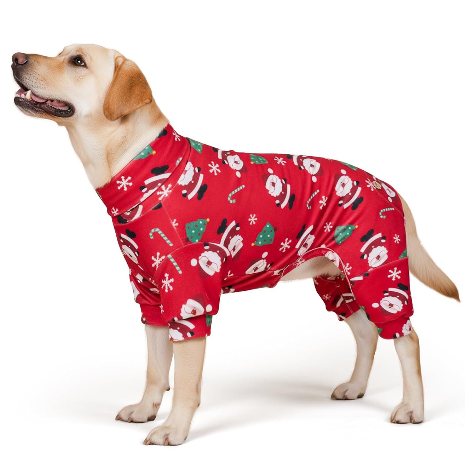 Red turtleneck dog Christmas pajamas with Santa and snowflake pattern, long sleeves