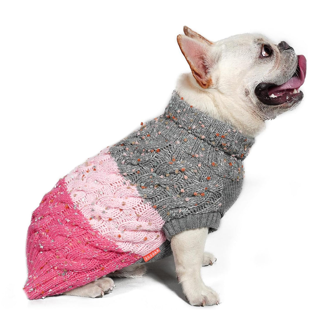 Color-block dog sweater with gray knit, pink lower panel, and white cable-knit section