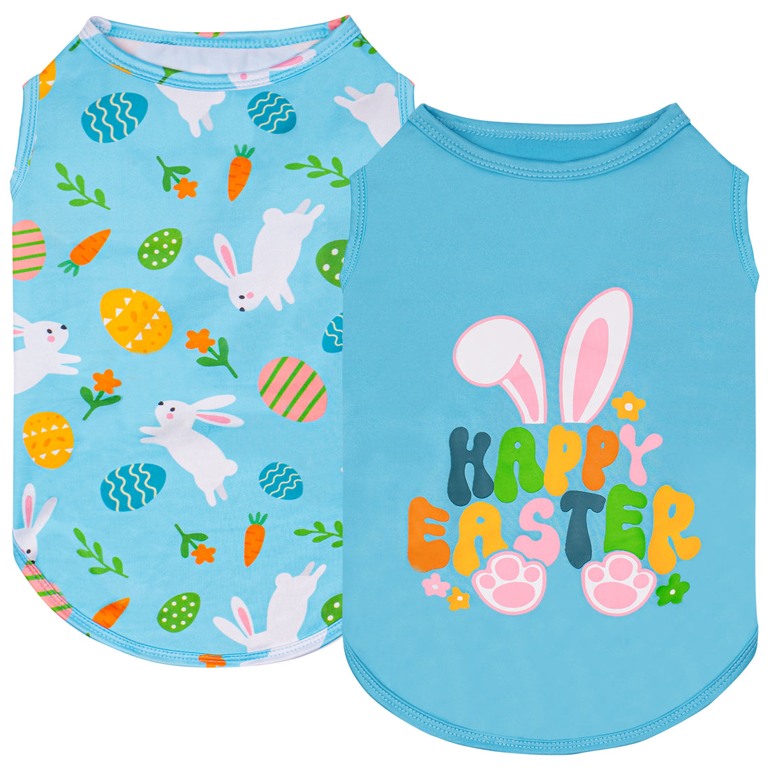 Two sleeveless Easter dog shirts: light blue pattern print and solid blue "Happy Easter".