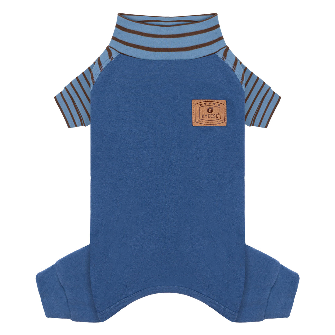 Blue thermal dog romper with brown-and-blue striped collar and chest logo patch