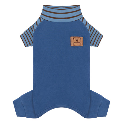 Blue thermal dog romper with brown-and-blue striped collar and chest logo patch