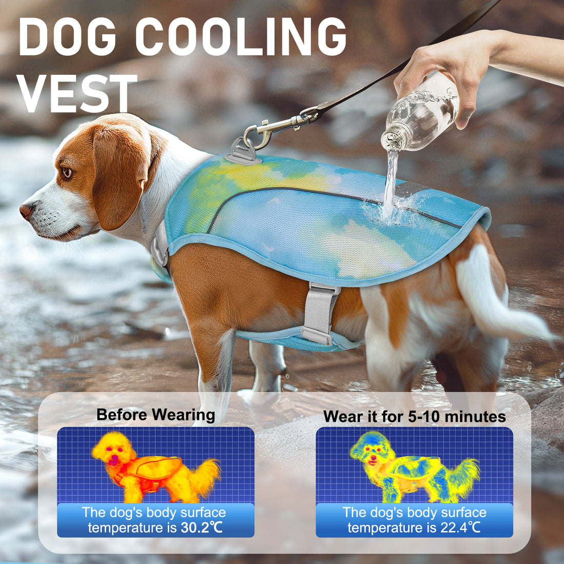 Blue dog cooling vest with watercolor print and adjustable gray straps on a dog