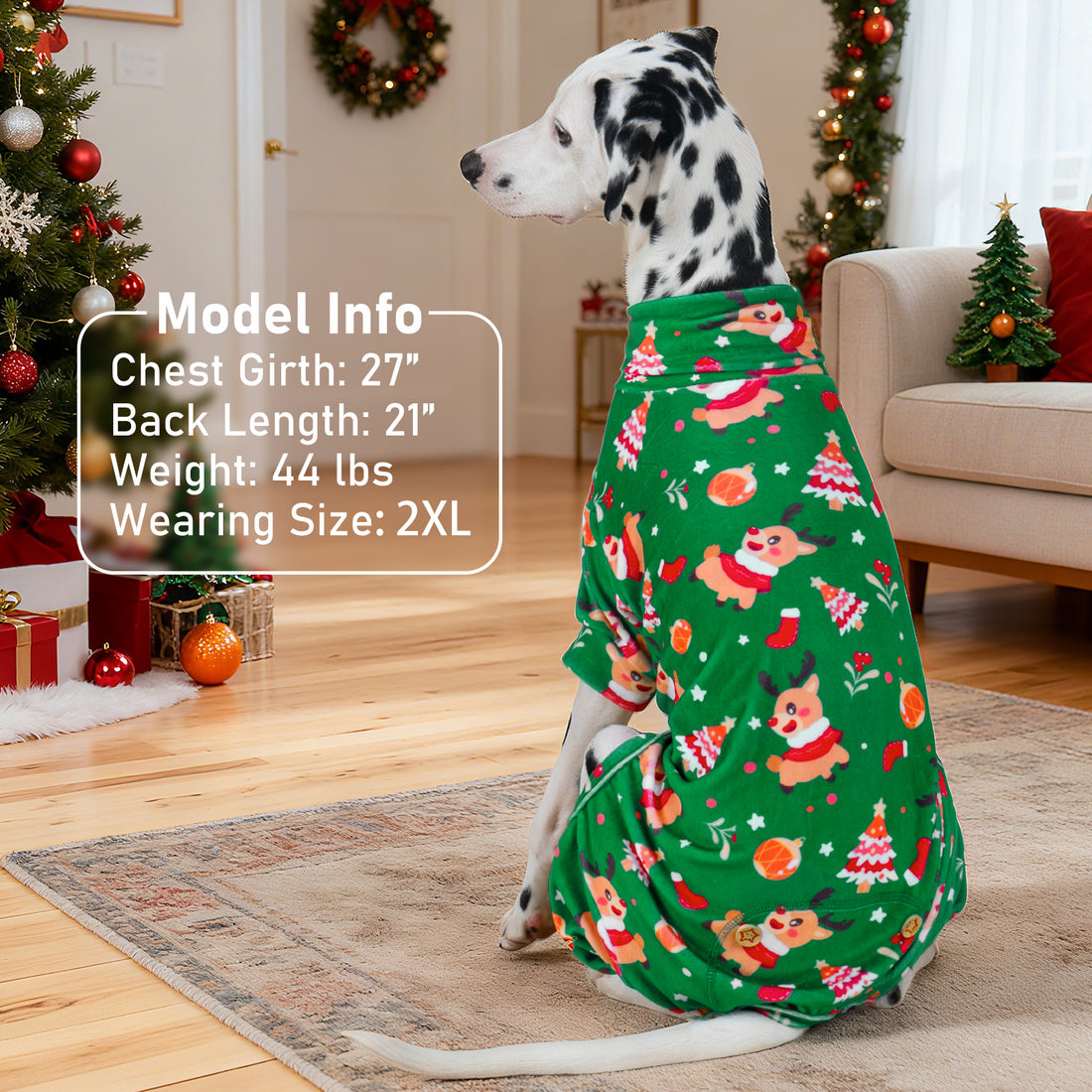 Green turtleneck dog Christmas pajamas with elf and reindeer pattern, long sleeves