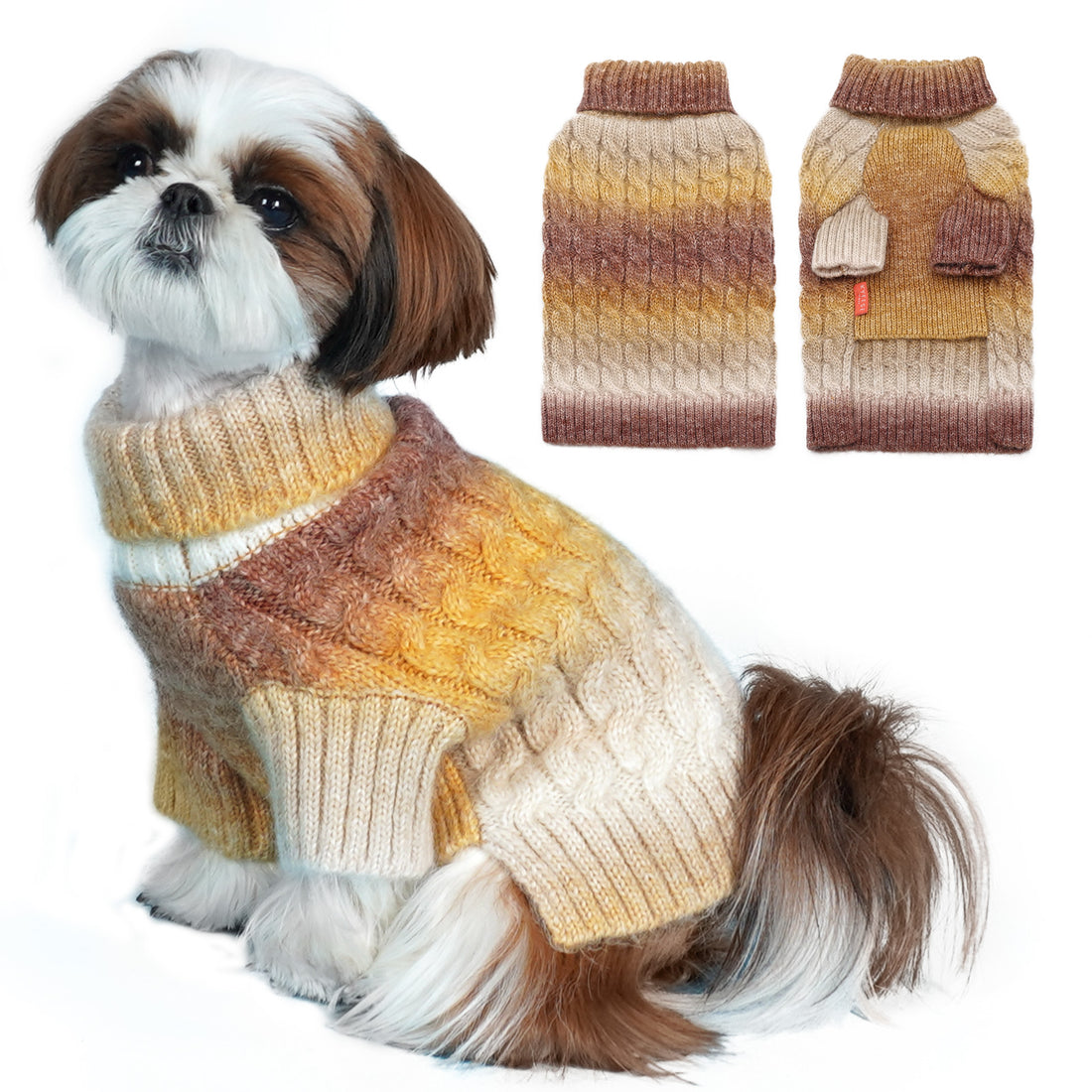 Brown and yellow gradient fuzzy cable-knit dog sweater with turtleneck
