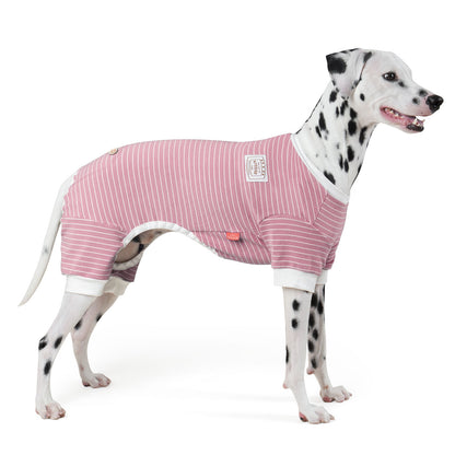Pink striped dog onesie pajamas with belly cutout and short leg openings