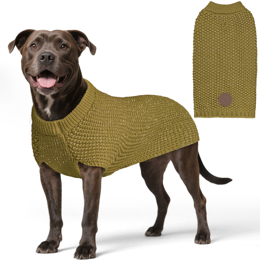 Olive knit dog sweater with round neck and small patch, worn by a standing dog