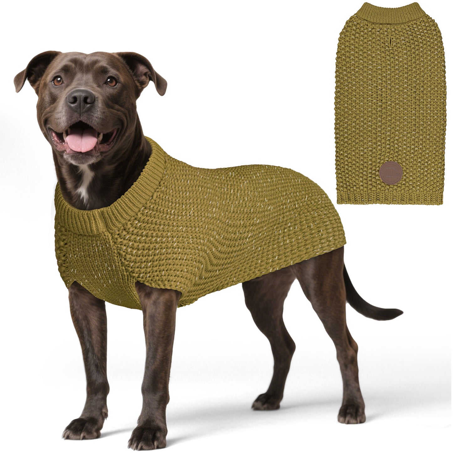 Olive knit dog sweater with round neck and small patch, worn by a standing dog