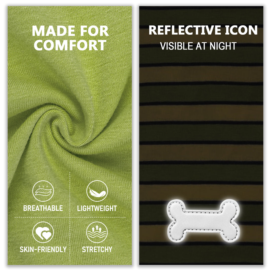Green lightweight dog shirt with reflective bone icon on striped panel