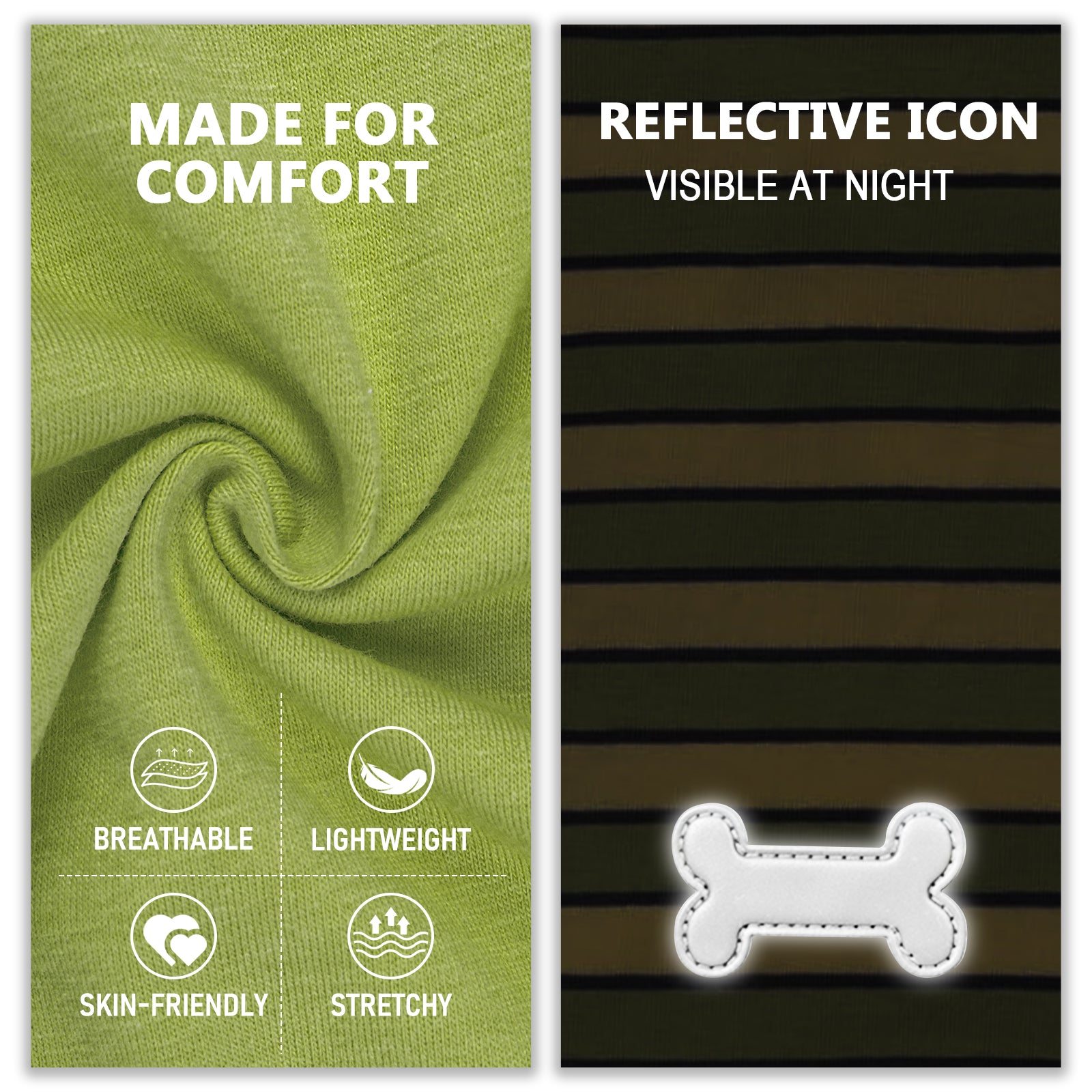 Green lightweight dog shirt with reflective bone icon on striped panel