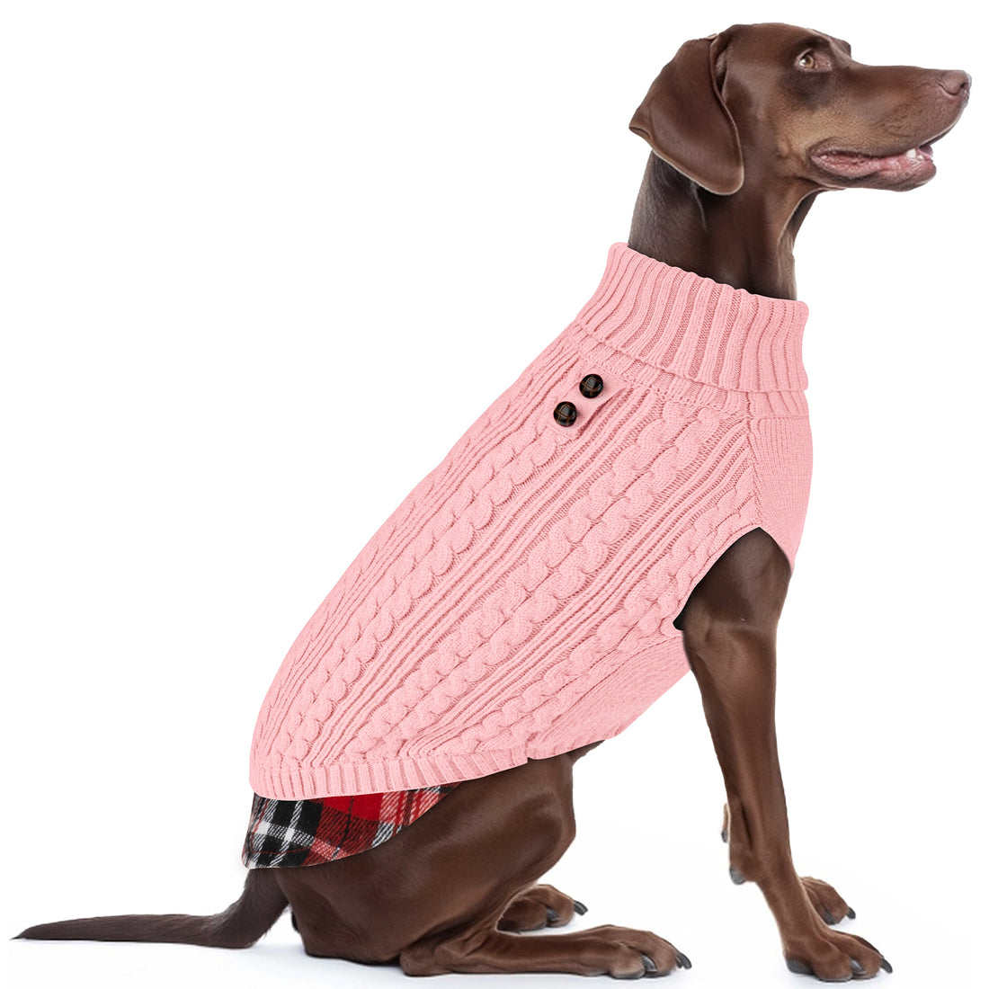 Pink knit turtleneck dog sweater with button placket and plaid hem lining