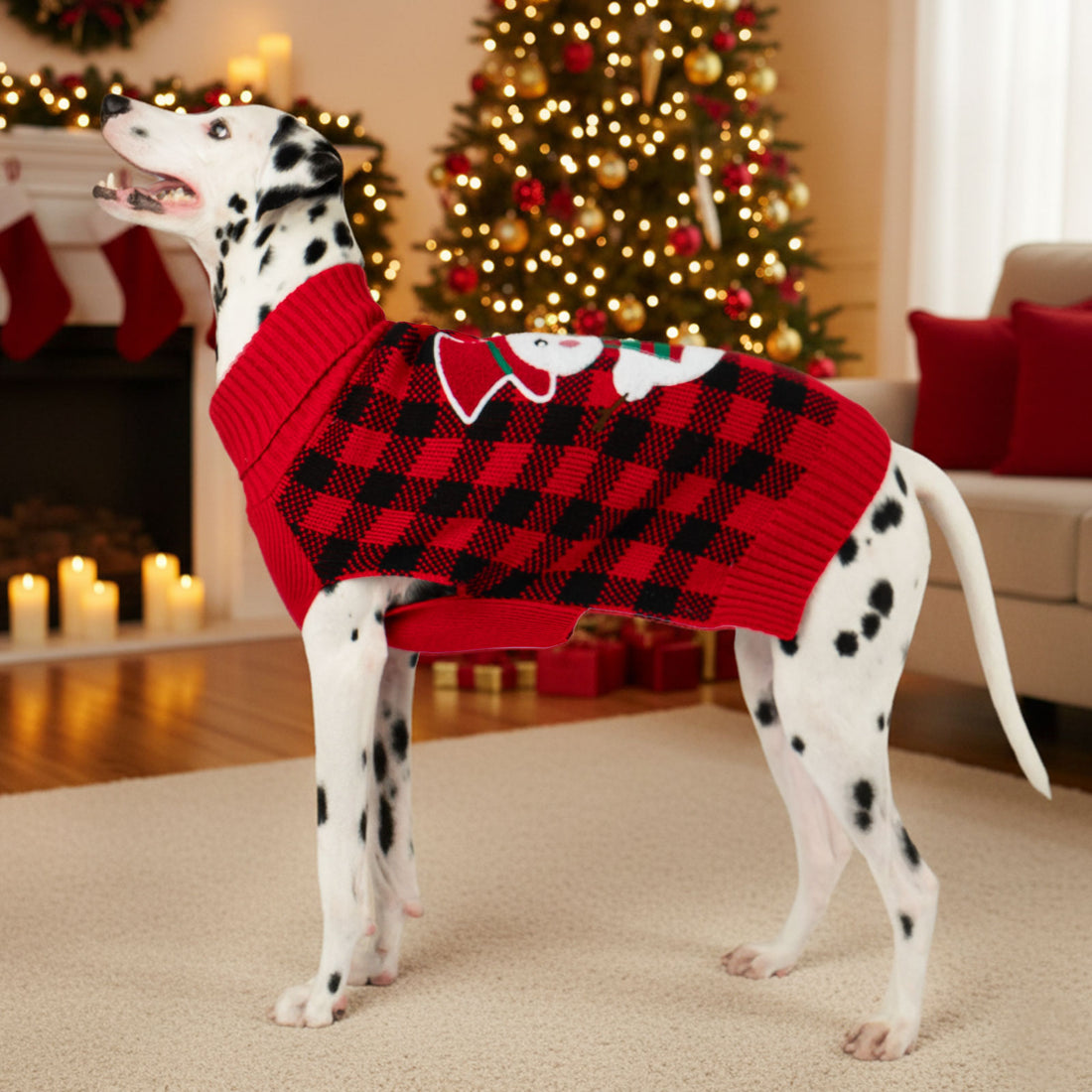 Dog sweater in red and black plaid with snowman applique and long sleeves