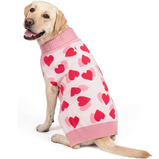 Pink and white dog sweater with red heart pattern and ribbed turtleneck