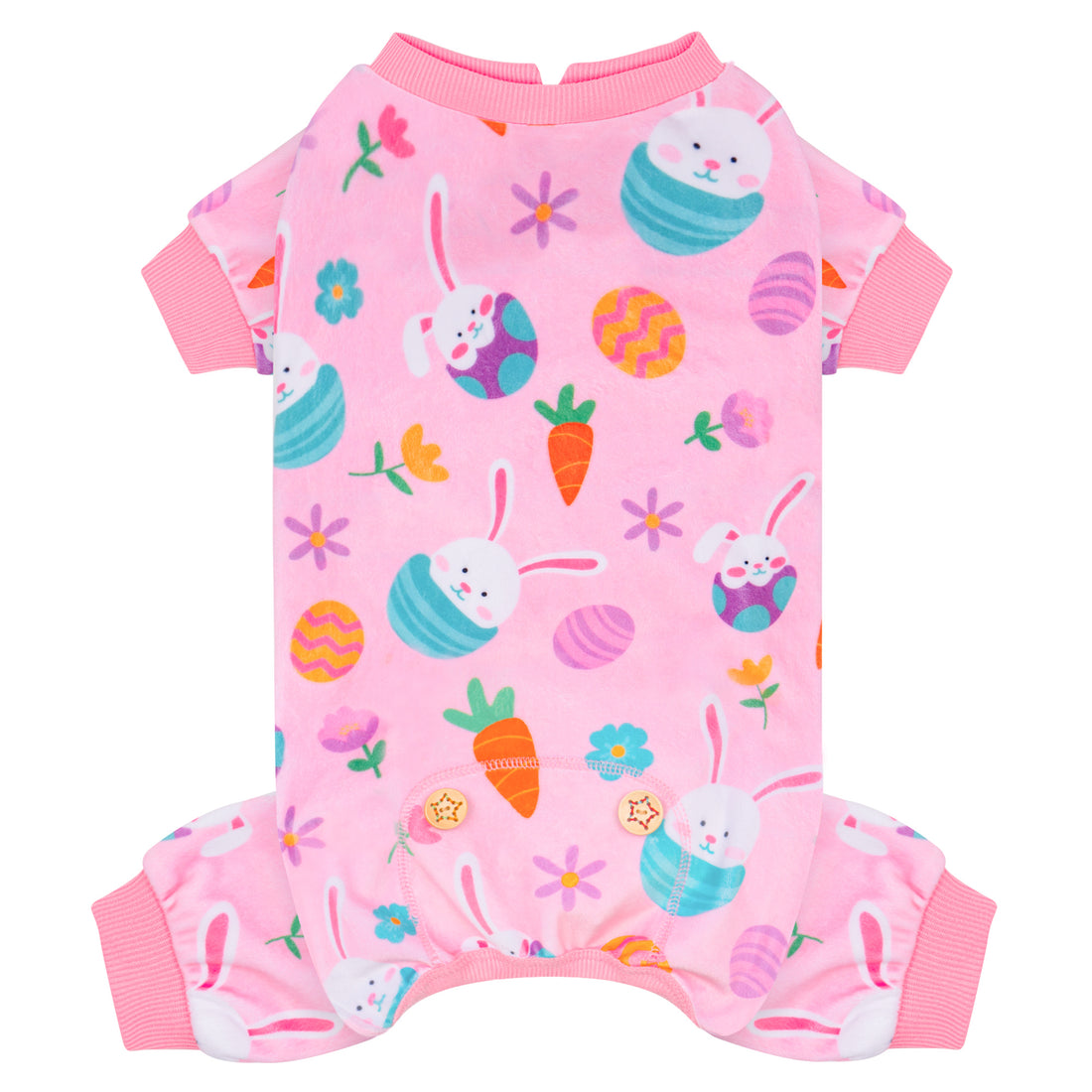 Pink short-sleeve dog onesie pajama with Easter egg and bunny print, ribbed hem