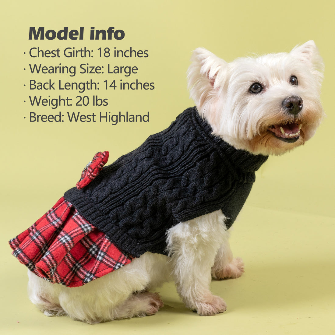 Black cable knit dog sweater with red plaid skirt and bow