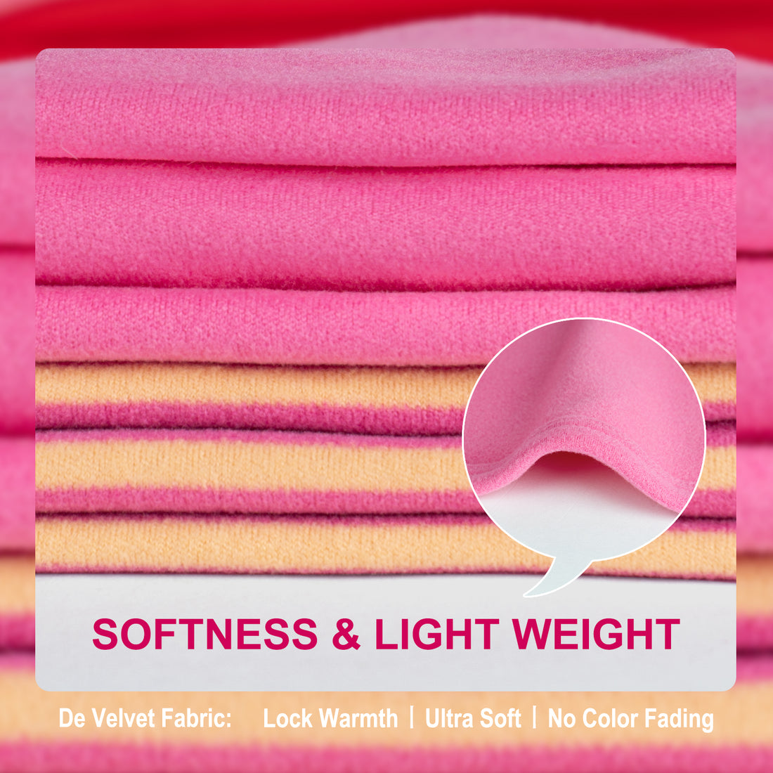 Pink velvet fabric swatches and pink-with-yellow striped layer