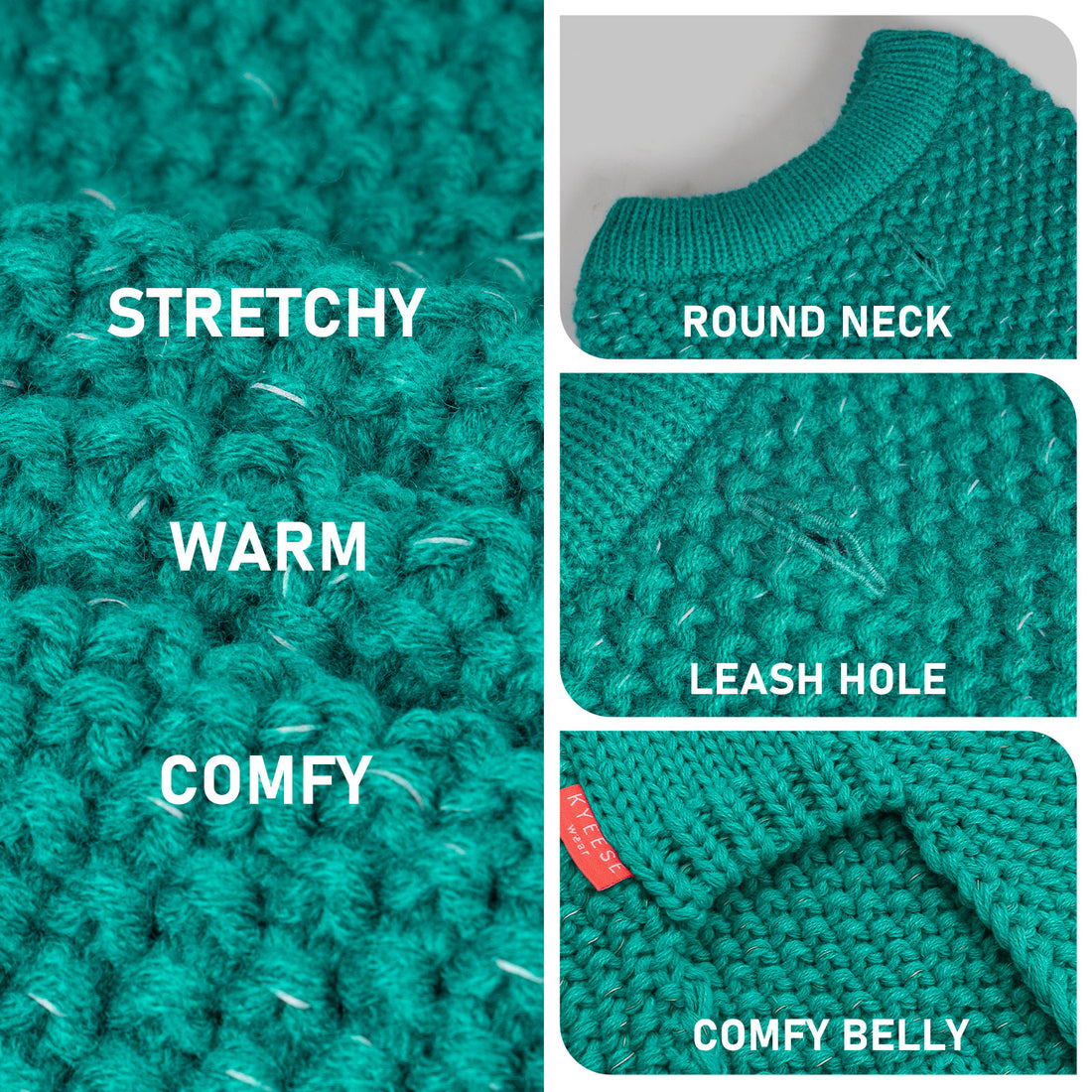 Hunter-style reflective dog sweater, dark teal knit close-up with leash hole detail