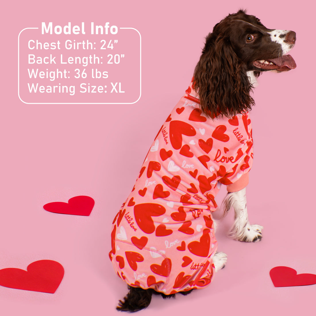 Heart-print dog onesie pajama with long-sleeve fit and pink ribbed neck and cuffs