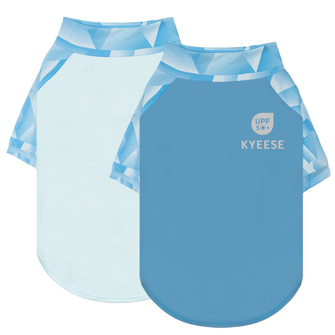Two-pack blue UV dog shirts, front and back views, UPF logo on chest