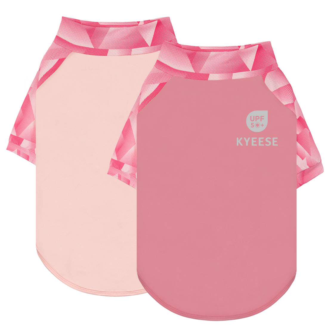 Two pink UV dog shirts, front and back views with UPF logo
