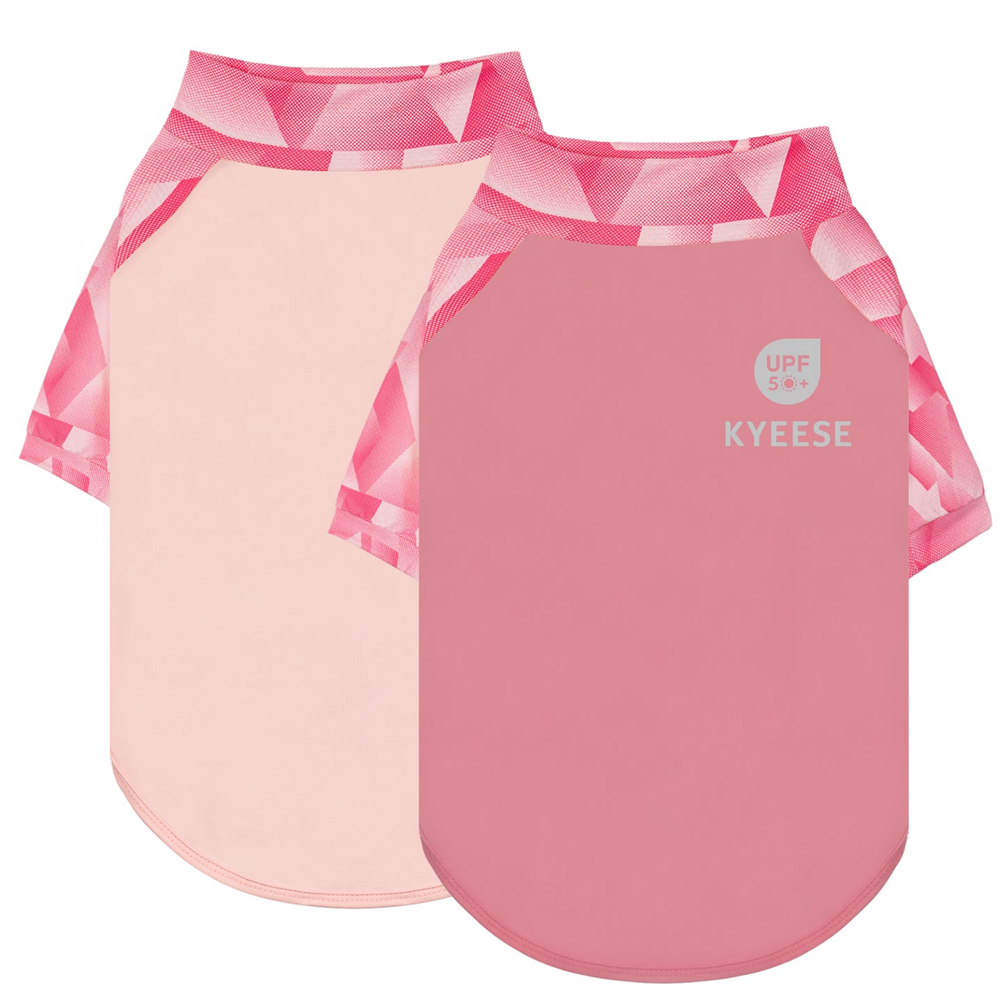 Two pink UV dog shirts, front and back views with UPF logo
