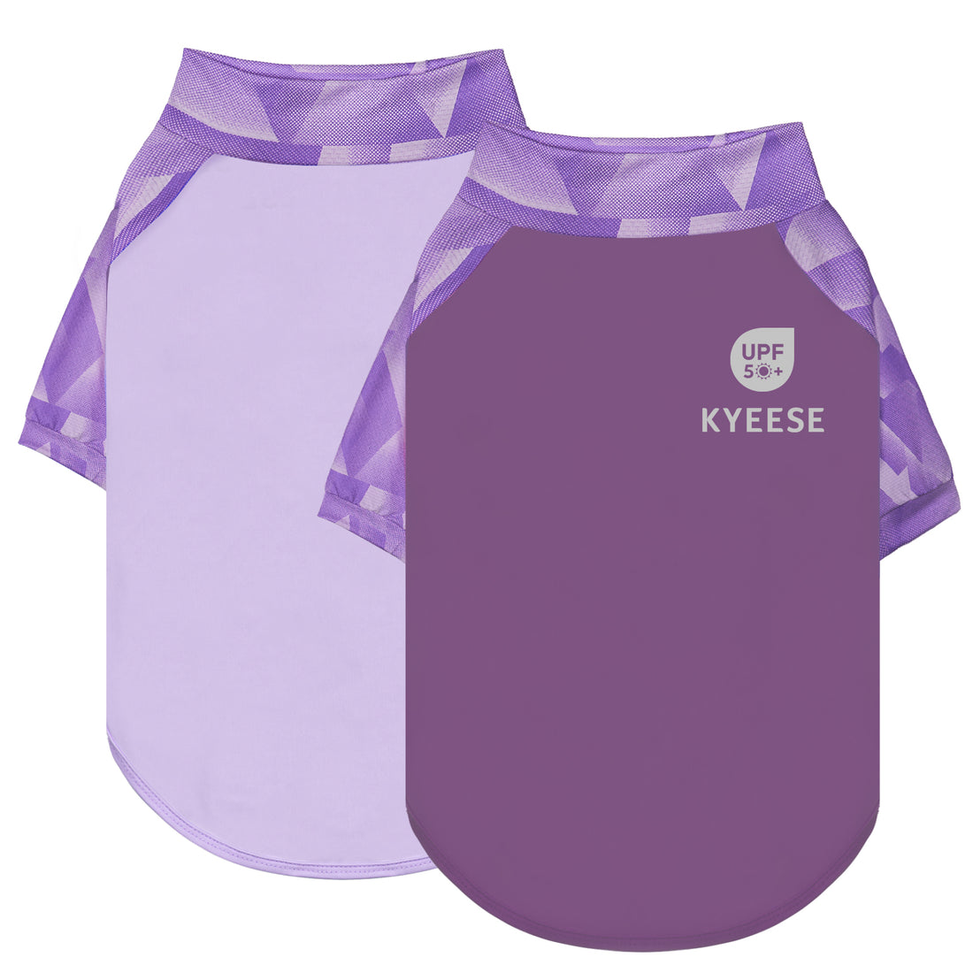 Two purple UV-protective dog shirts, light lilac and darker purple folded together