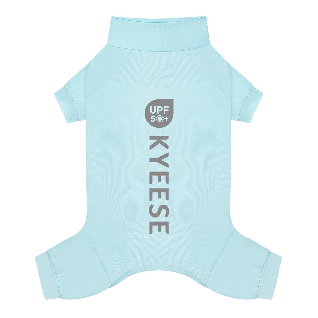 Light blue dog UV pajama suit, flat back view with short sleeves and leg holes
