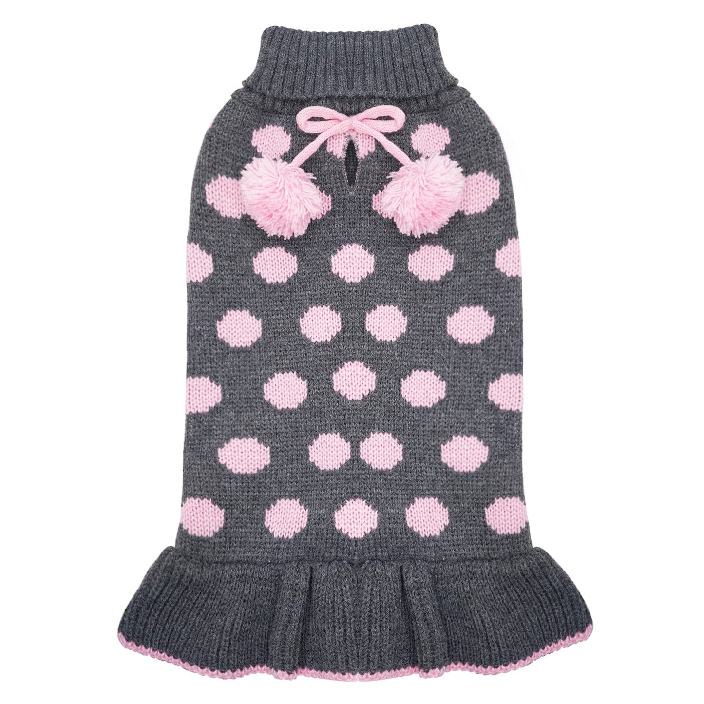 Dark grey dog sweater dress with pink polka dots, bow and pom pom accents, knit hem.