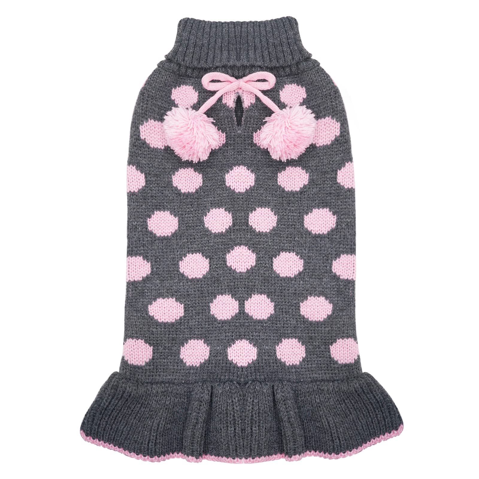 Dark grey dog sweater dress with pink polka dots, bow and pom pom accents, knit hem.