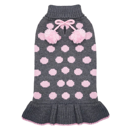 Dark grey dog sweater dress with pink polka dots, bow and pom pom accents, knit hem.