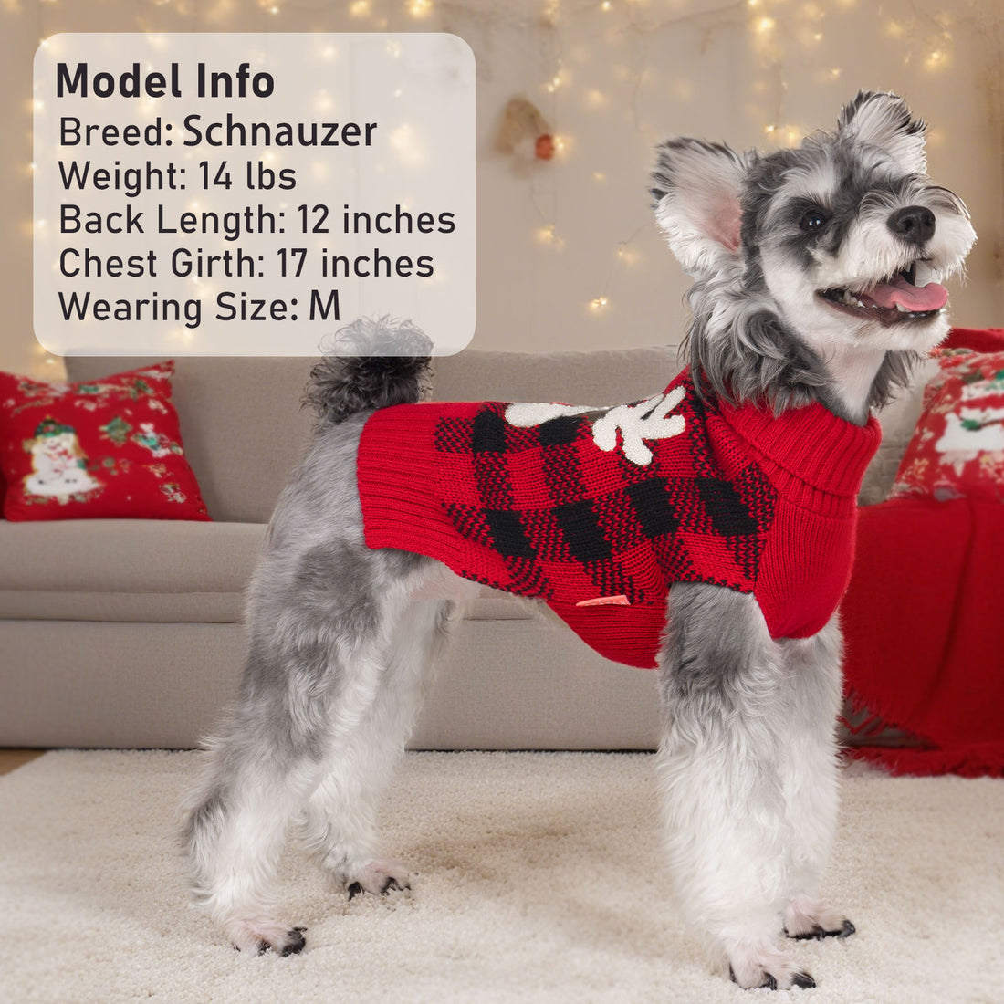 Red and black plaid dog sweater with reindeer applique and cozy ribbed turtleneck collar.