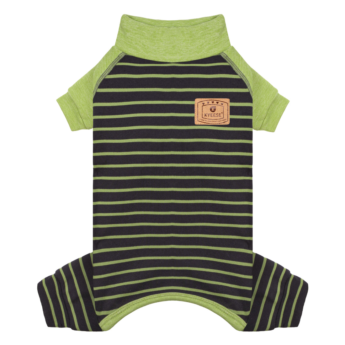 Green and black striped dog thermal pajamas with turtleneck and long sleeves.