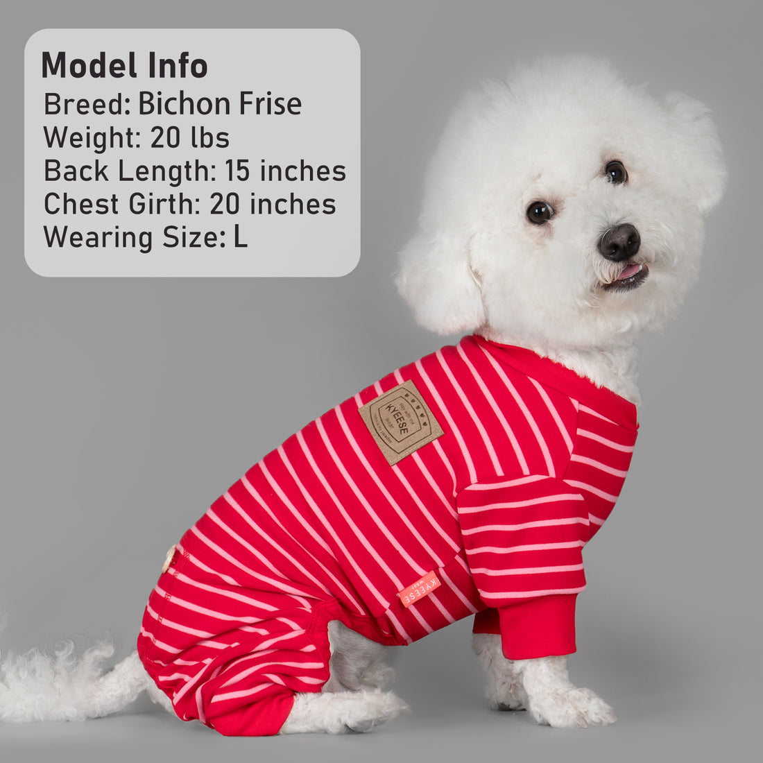 Red striped dog onesie pajamas with white horizontal lines, round neck, and snap details