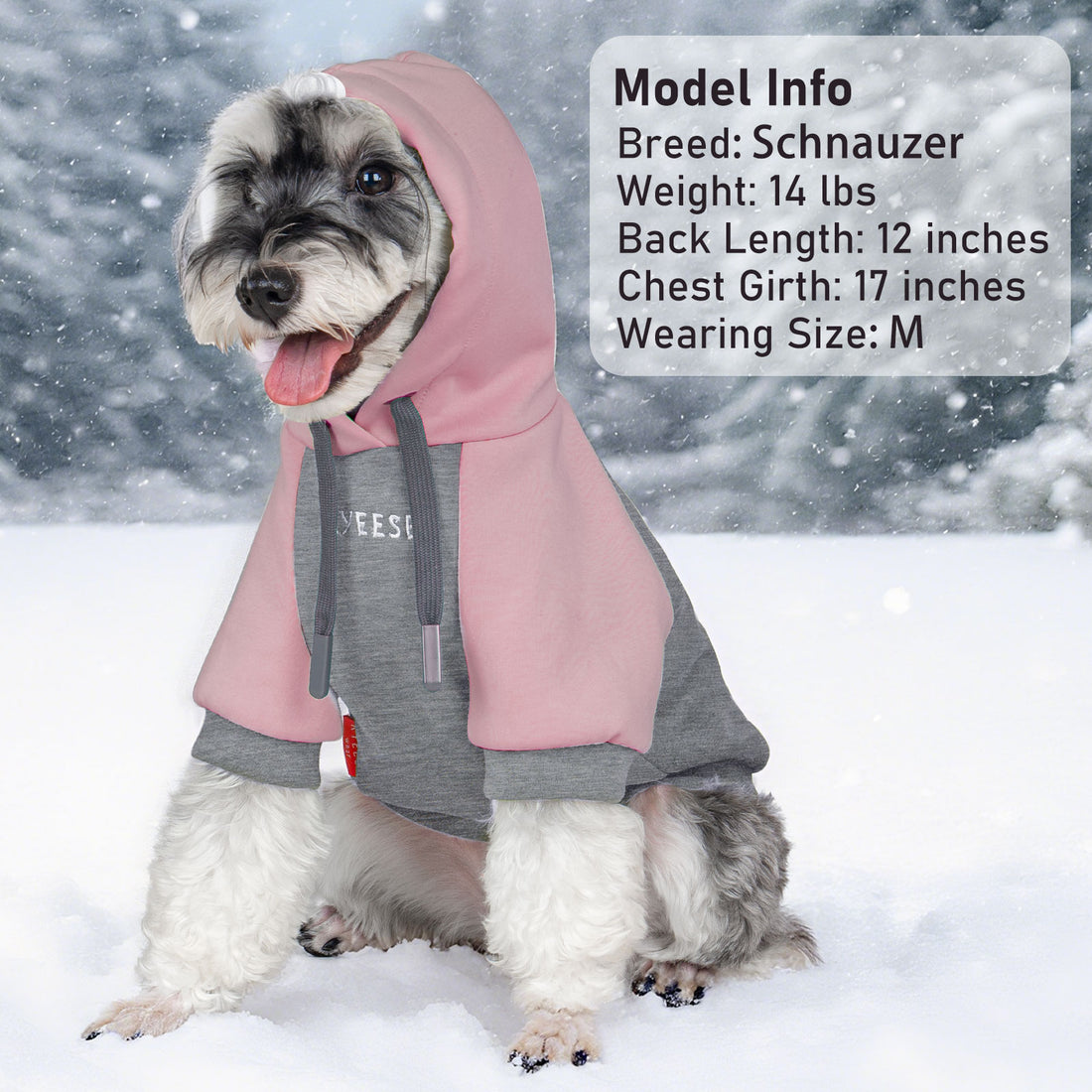 Winter dog hoodie with pink hood and gray body, paw patch and hanging hood strings
