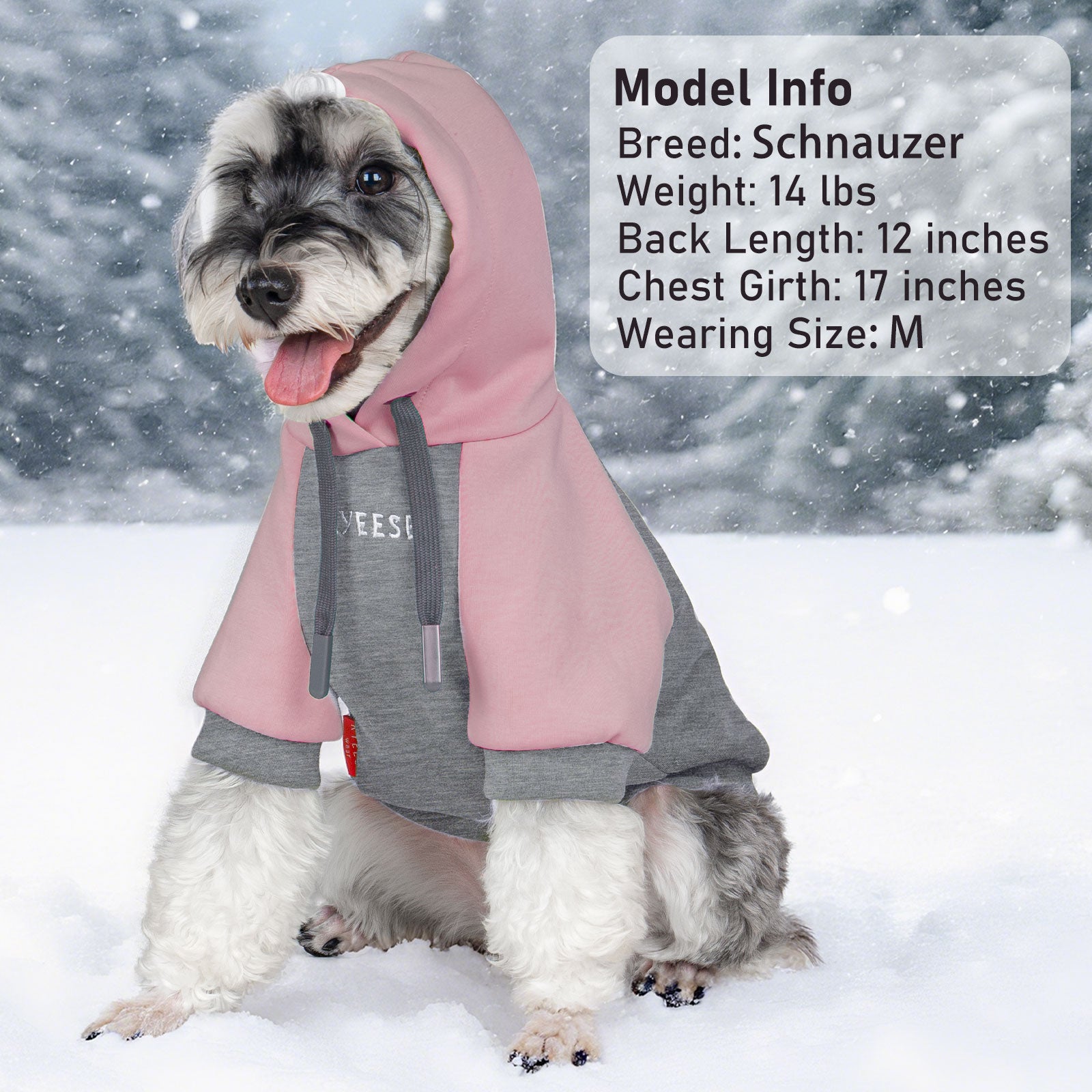 Winter dog hoodie with pink hood and gray body, paw patch and hanging hood strings