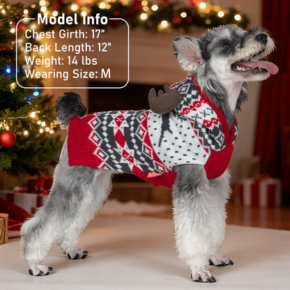 Reindeer antler-hood dog sweater on small dog, red and black-white fair isle knit