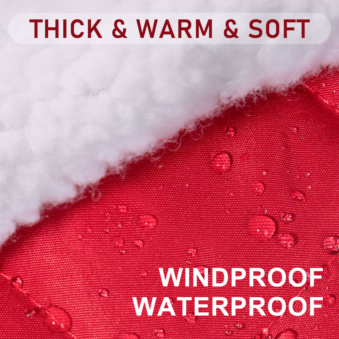 Red quilted dog coat fabric with visible water beads, windproof and waterproof layer