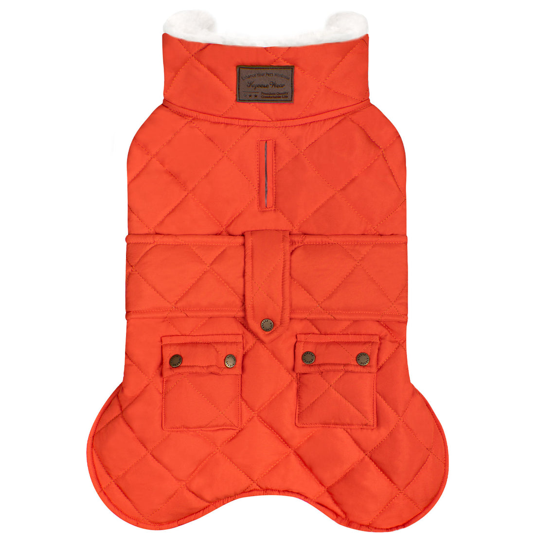 Quilted windproof dog coat with hood, front zipper, and chest pocket, red/orange