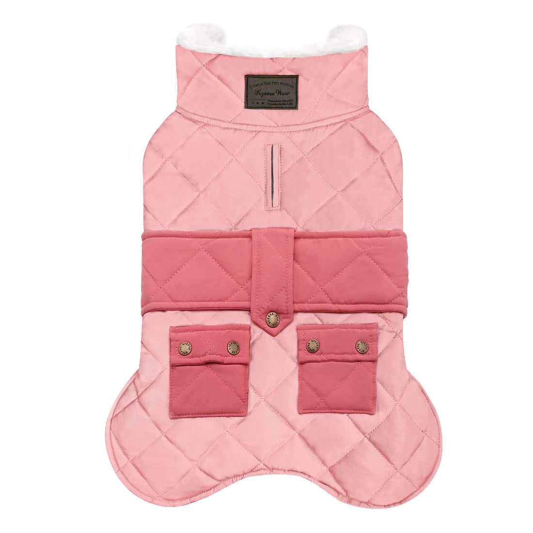 Pink quilted dog coat with hood, center zipper, and two chest snap pockets