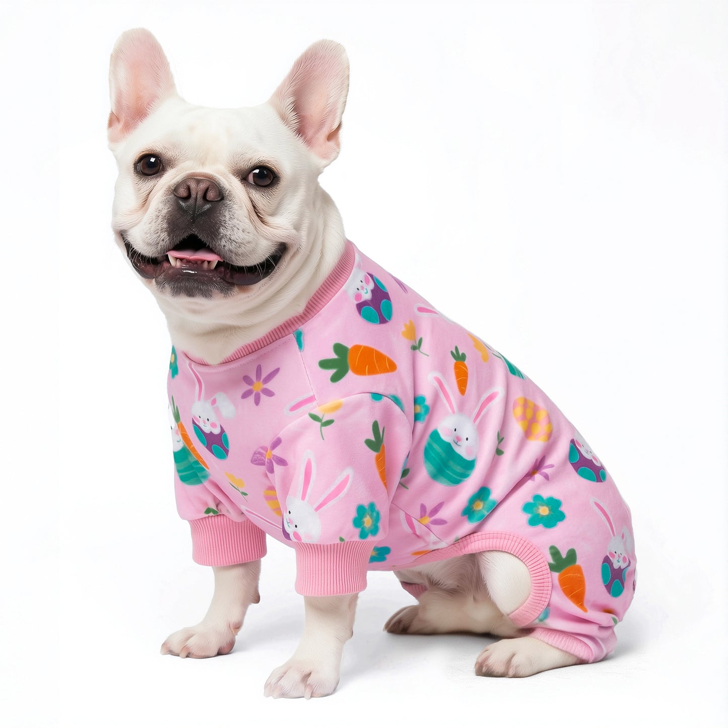 Pink dog onesie pajama with pastel Easter bunny, carrots, eggs and ribbed cuffs