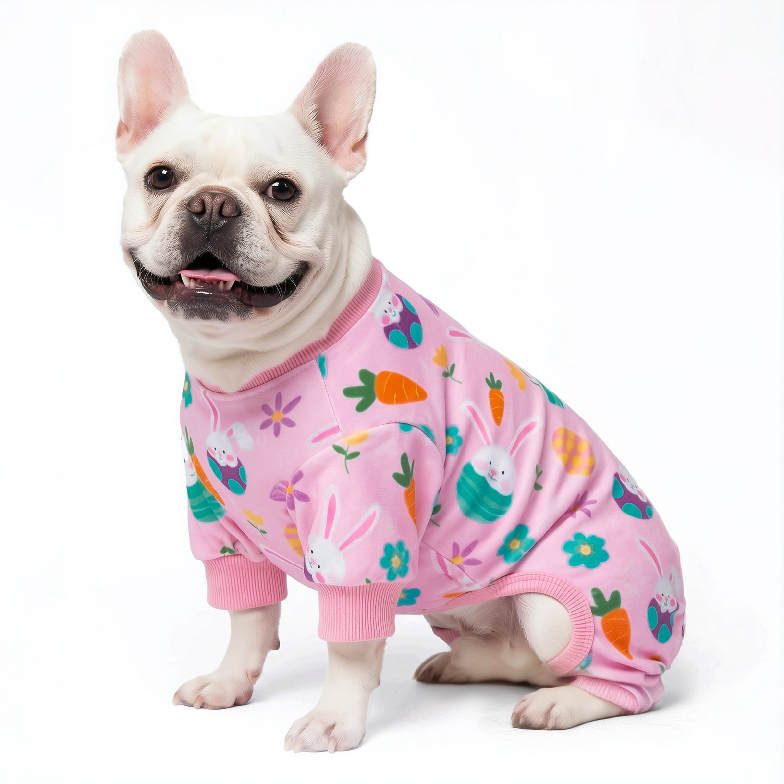 Pink dog onesie pajama with pastel Easter bunny, carrots, eggs and ribbed cuffs