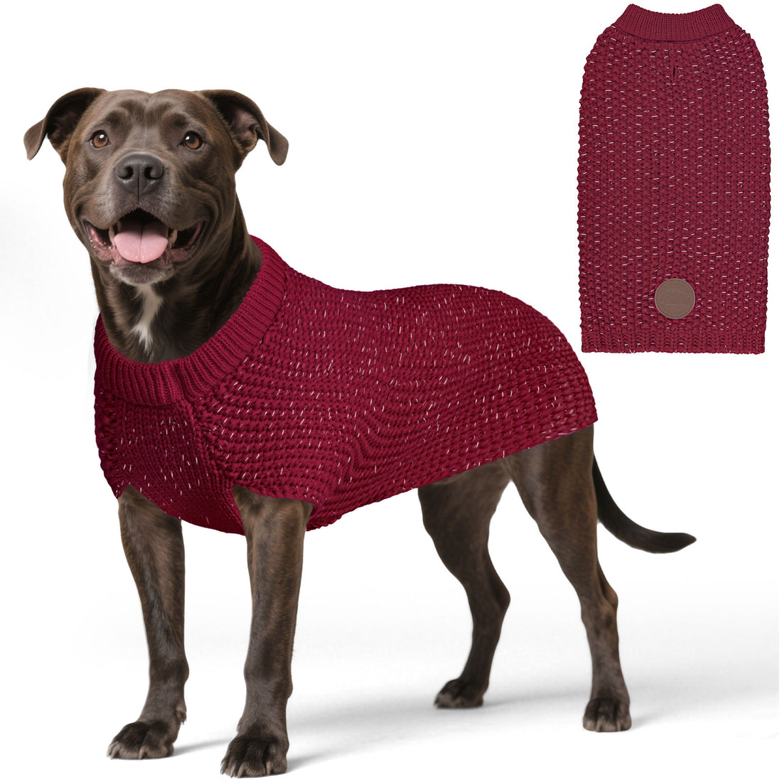 Wine red dog sweater on medium dog, ribbed round neck and short knit body with back patch