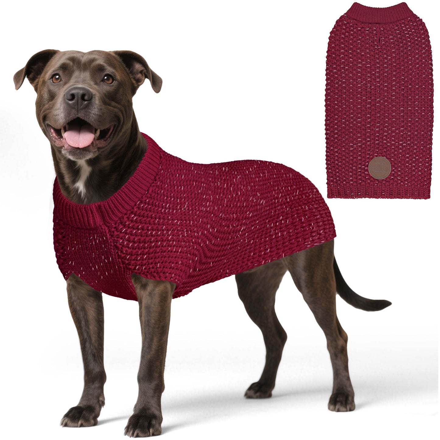 Wine red dog sweater on medium dog, ribbed round neck and short knit body with back patch
